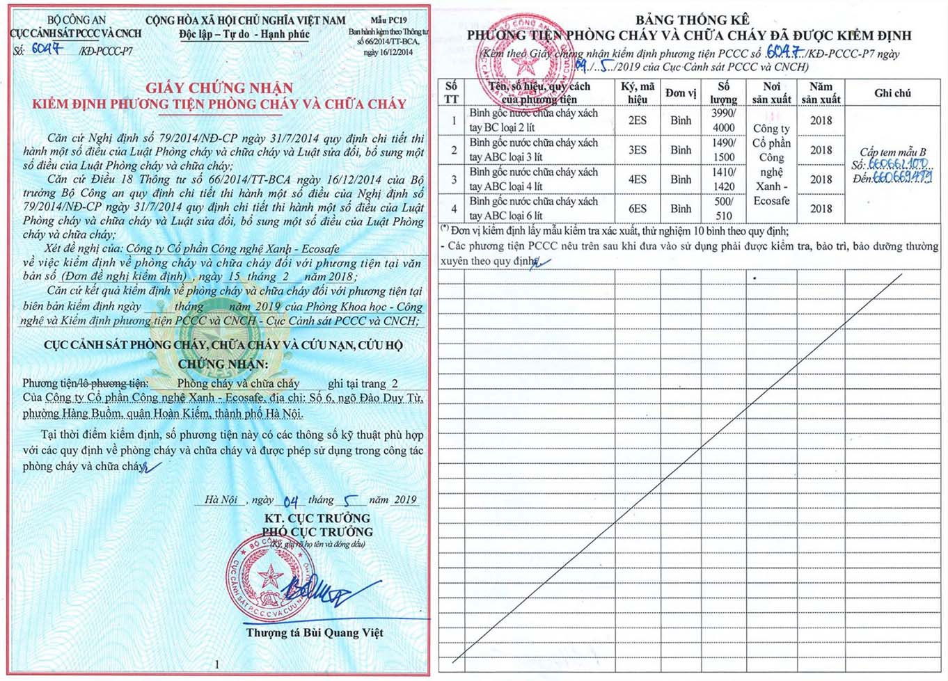 Biên bản cấp tem kiểm định đối với bình chữa cháy Ecosafe Việt Nam