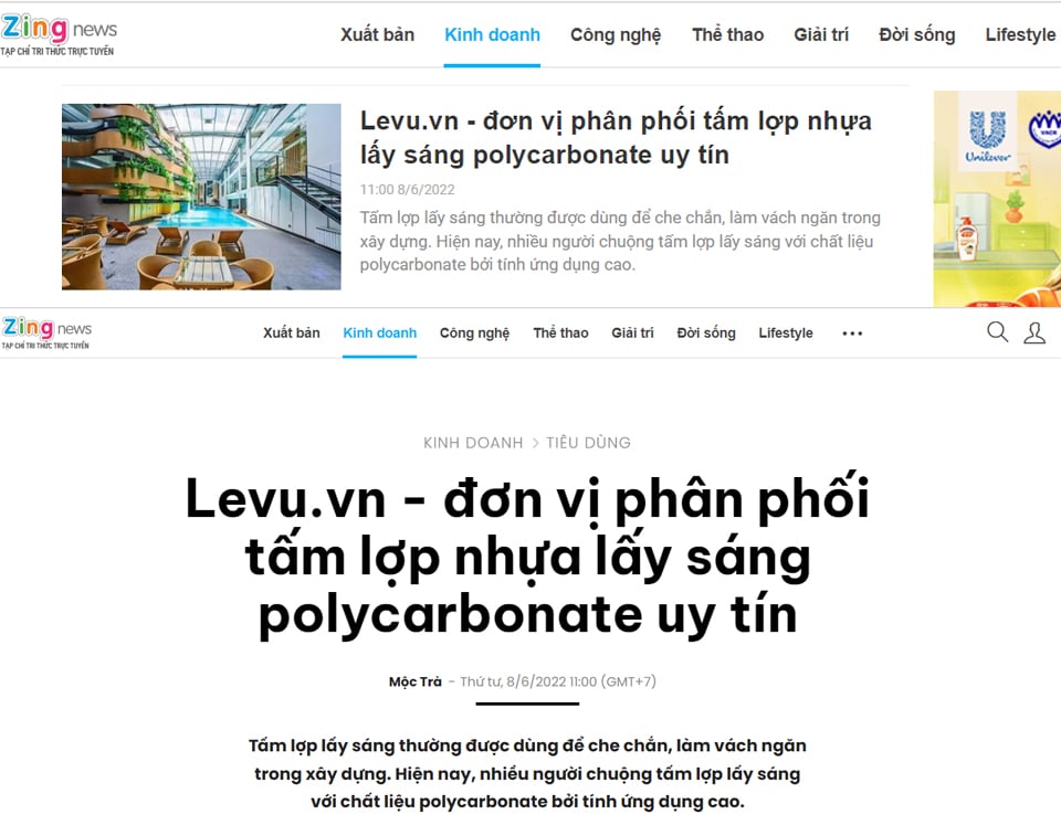 Báo điện tử Zingnews viết về tấm lợp lấy sáng Levu cung cấp