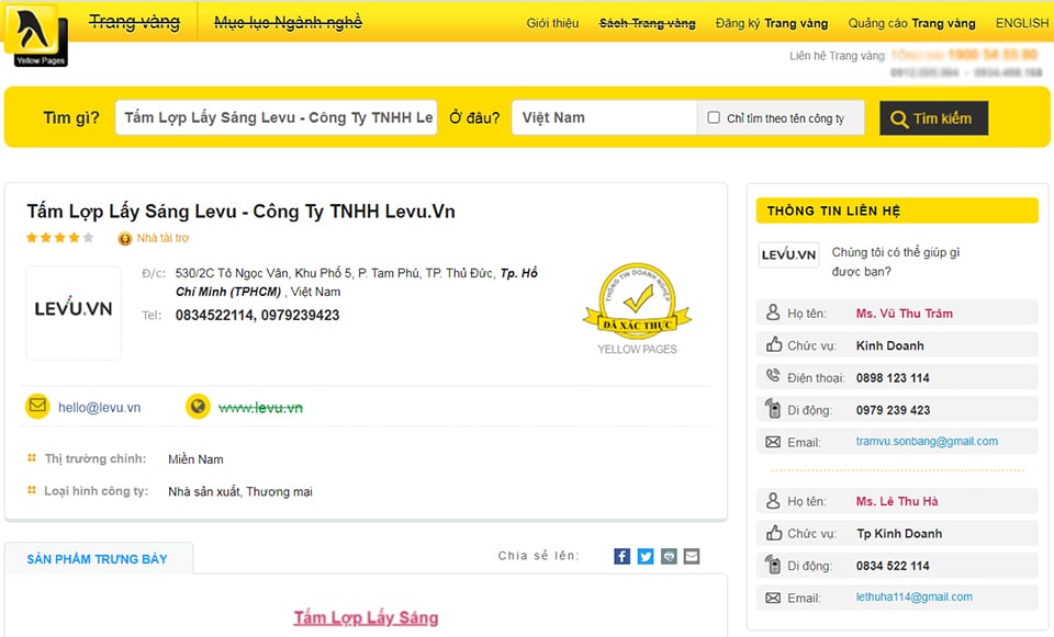 Trang Vàng Việt Nam xác nhận LEVU.VN là doanh nghiệp uy tín