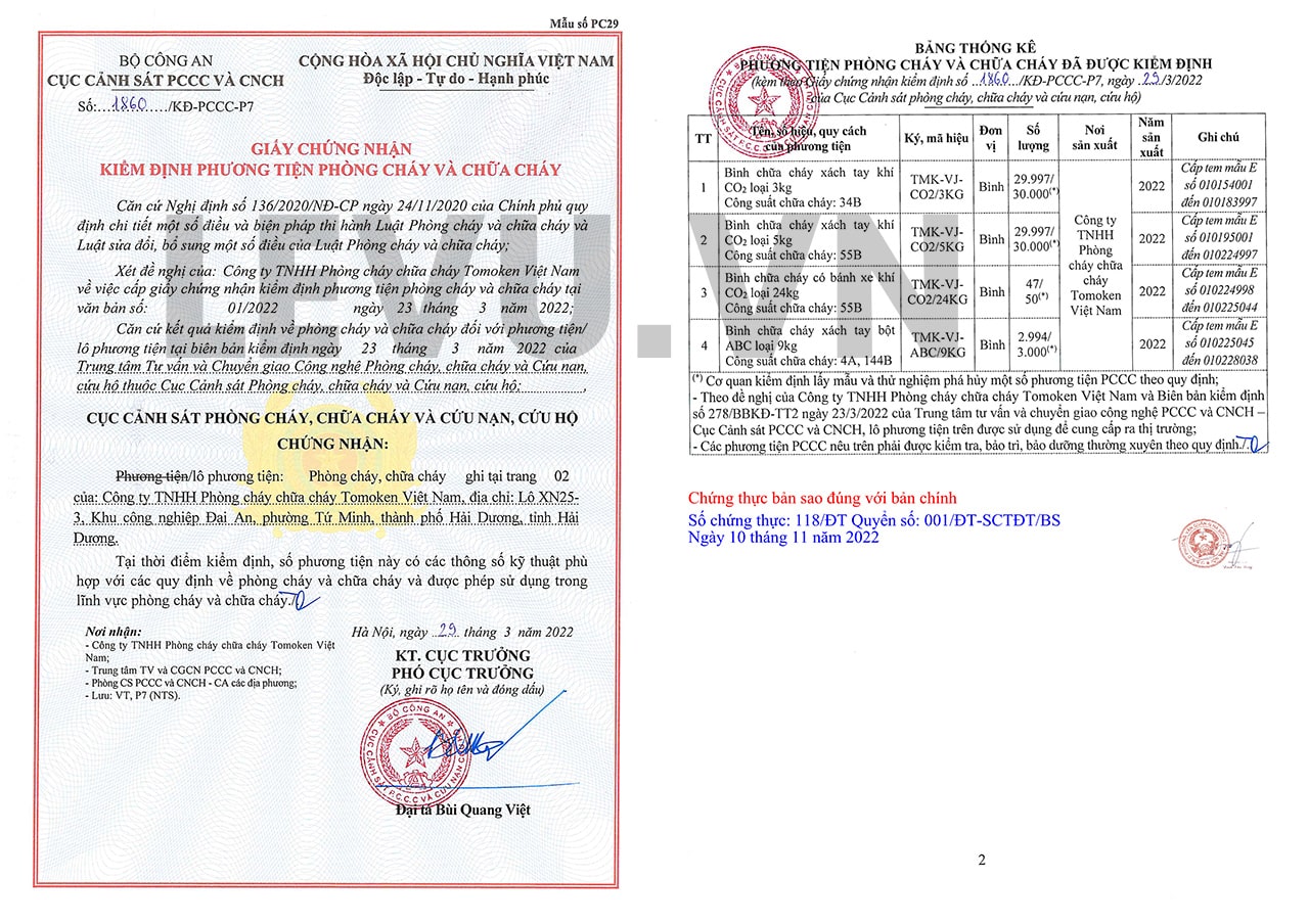 giấy chứng nhận kiểm định phương tiện phòng cháy chữa cháy từ cục cảnh sát PCCC và CNCH