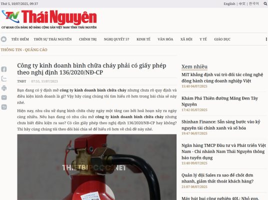 Báo Thái Nguyên viết về LEVU Việt Nam: Công ty kinh doanh bình chữa cháy uy tín đạt chuẩn pccc