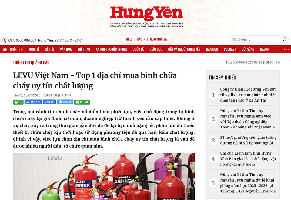 Báo Hưng Yên viết về LEVU Việt Nam "Top 1 địa chỉ mua bình chữa cháy uy tín chất lượng"