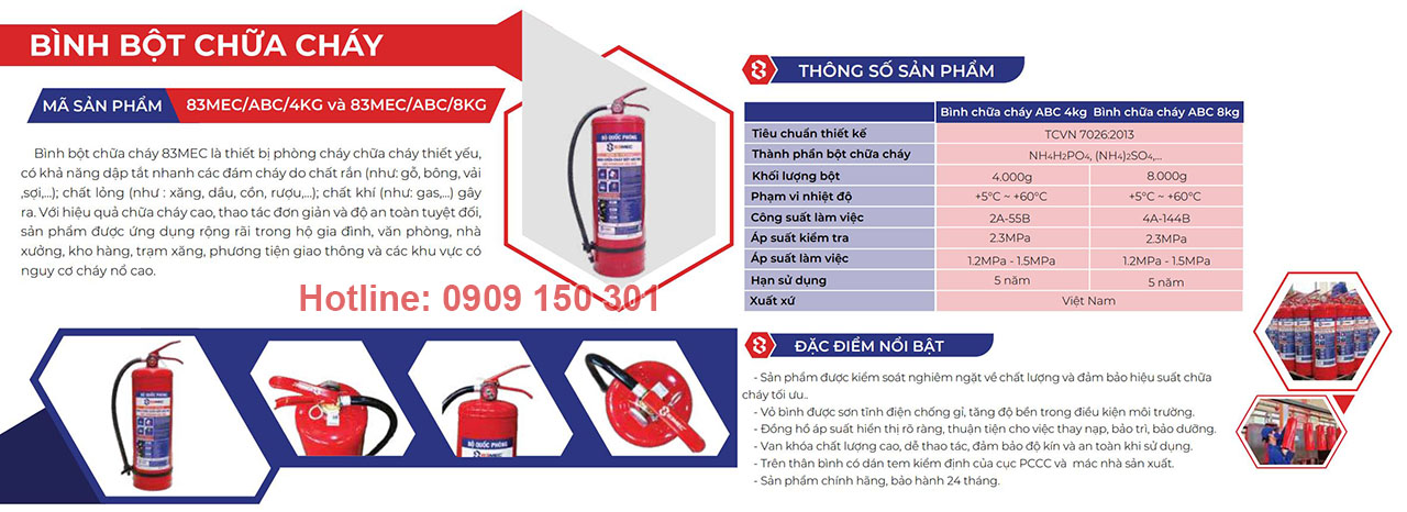 binh chua chay bot abc 83mec Thông số bình chữa cháy cầm tay 83Mec bột ABC 4kg