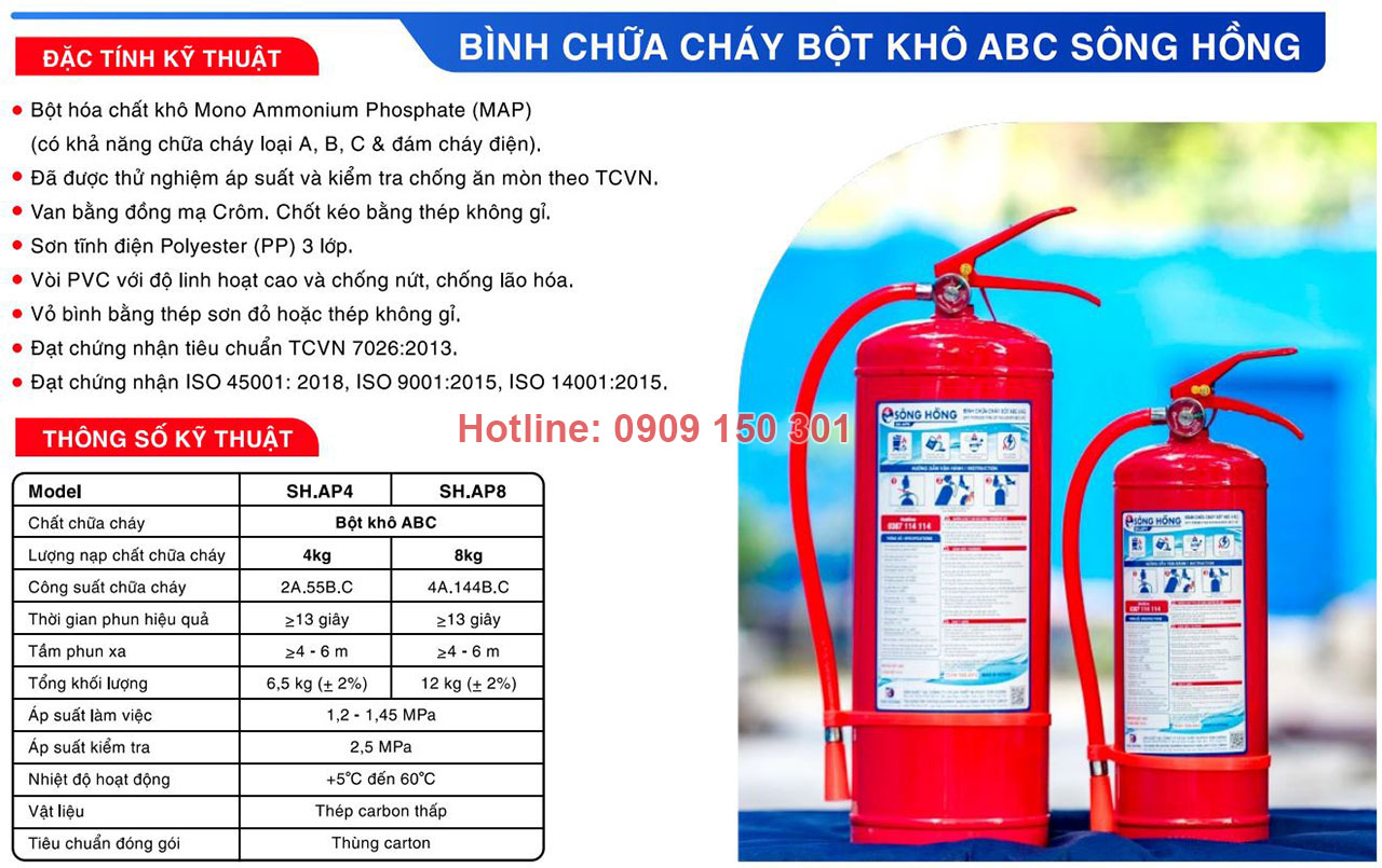 binh chua chay bot abc song hong Thông số bình chữa cháy Sông Hồng bột ABC 4kg SH.AP4