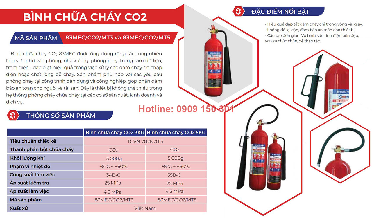binh chua chay co2 83mec Thông số kỹ thuật bình chữa cháy CO2 5kg 83Mec