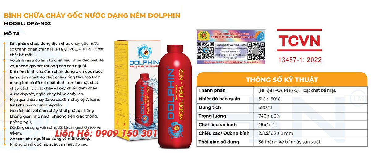binh chua chay dang nem dolphin goc nuoc mini dpa n02 3 Thông số bình chữa cháy dạng ném Dolphin gốc nước đa năng DPA-N02
