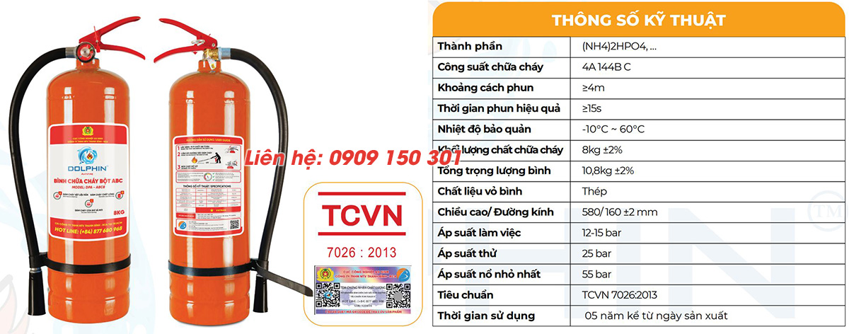 thong so ky thuat binh chua chay bot abc 8kg dolphin Thông số bình chữa cháy Dolphin 8kg bột ABC DPA-ABC8