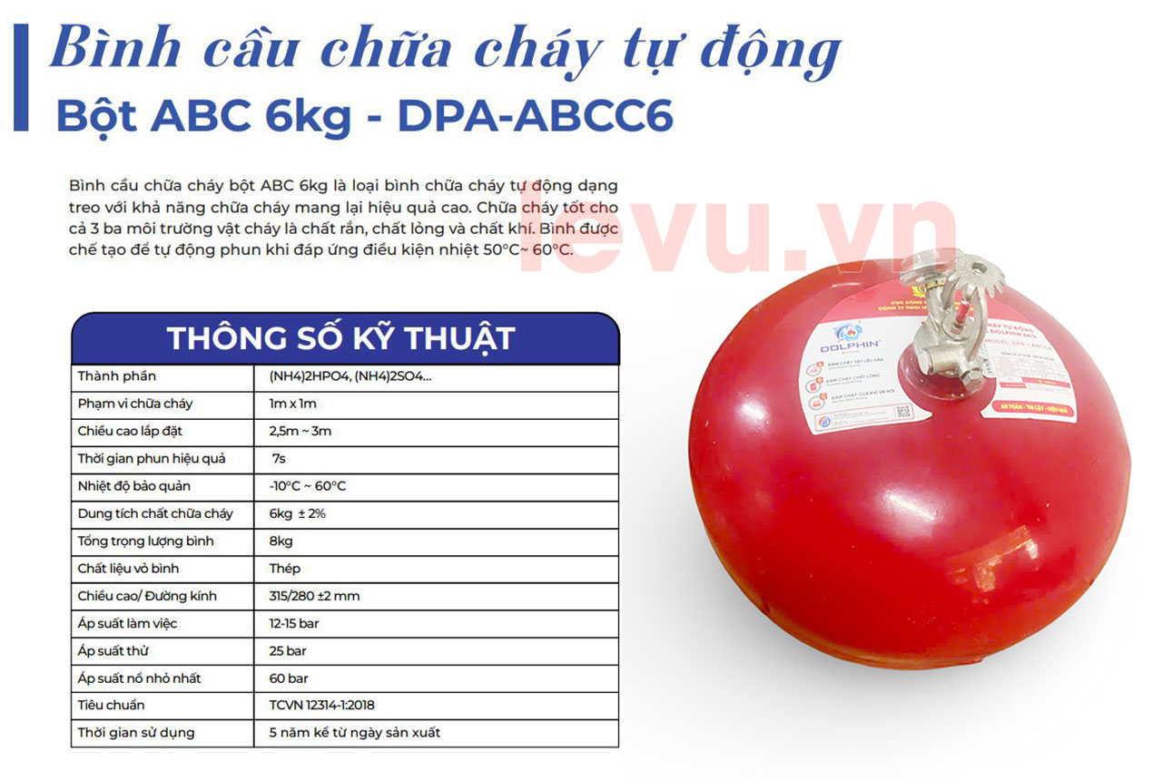 6c Thông số quả cầu chữa cháy tự động Dolphin bột ABC 6kg DPA-ABCC6