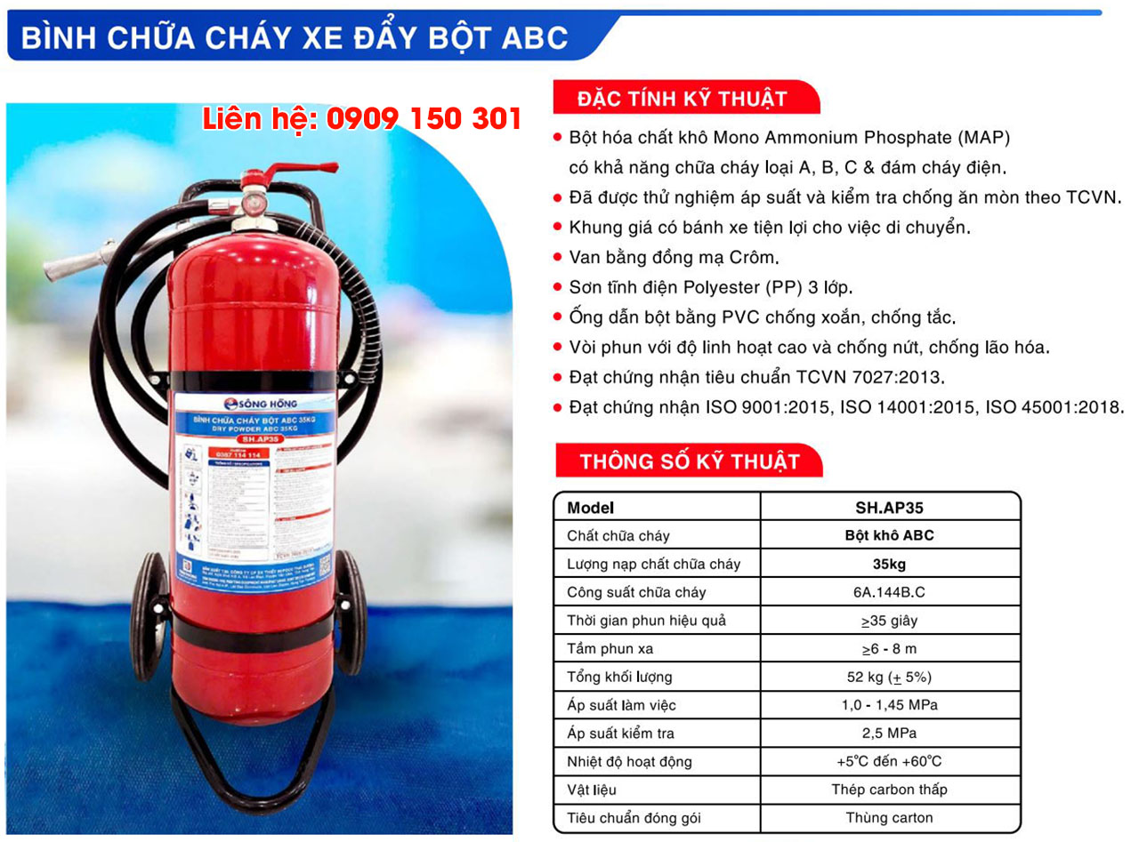 binh chua chay bot abc 35kg xe day song hong Thông số bình chữa cháy Sông Hồng bột ABC 35kg SH.AP35